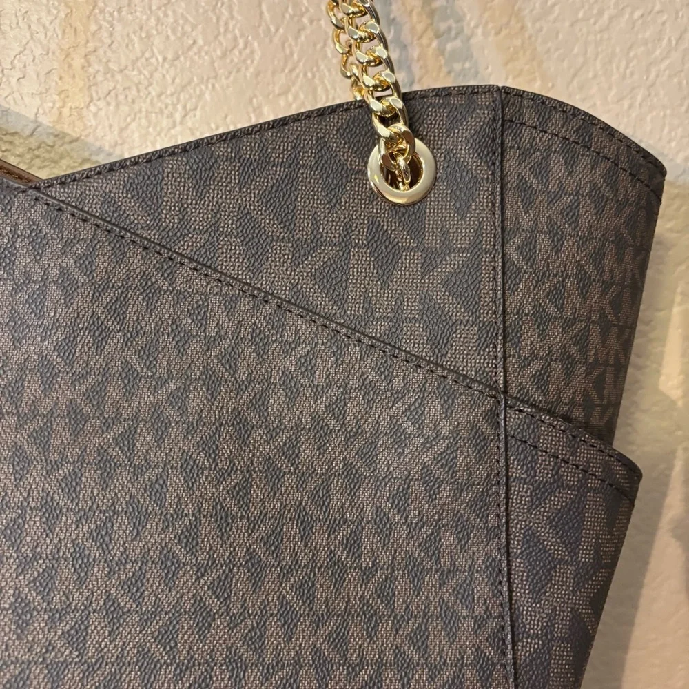NWT Michael Kors Bag Jet Set Travel Large Chain Shoulder Tote Brown Gold Accents - Picture 10 of 16